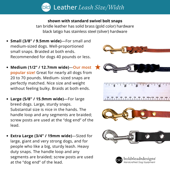 Leather leash size chart with measurements and examples of different leash widths.