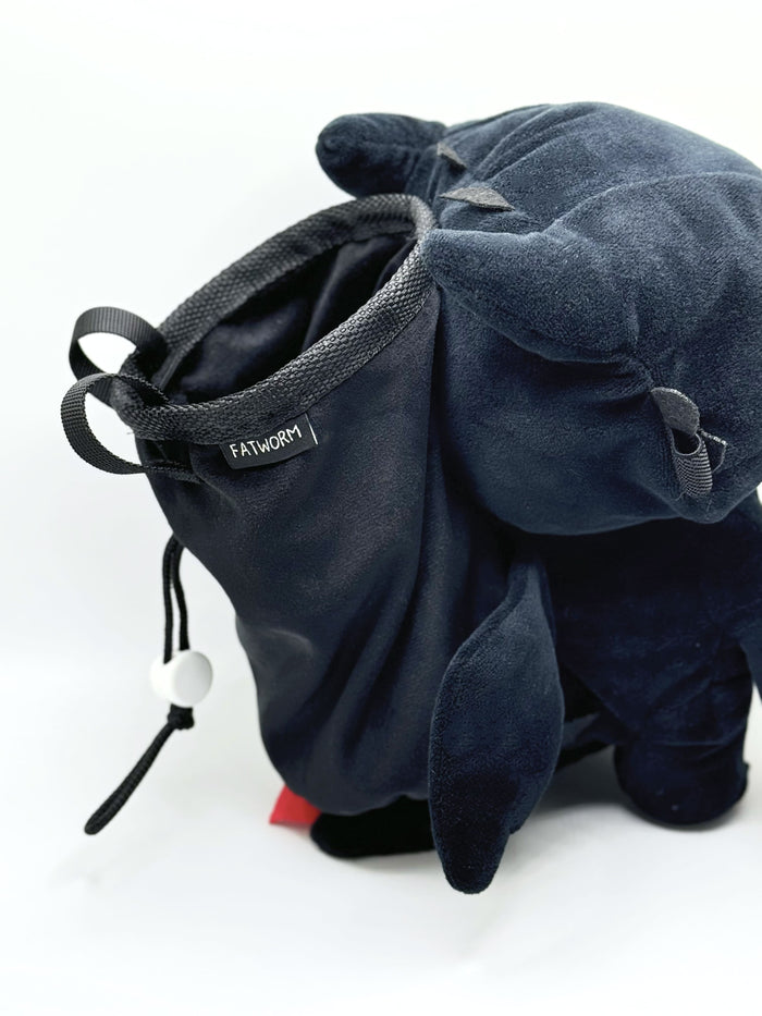 A soft and fluffy Night Fury Toothless "Classic Face" plush chalk bag by Fatworm. Featuring large expressive eyes and a long-durable handmade design, this cute and functional gear is the perfect climbing gift for climbers.