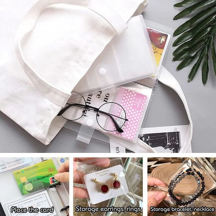 Multiple storage option of a transparent jewelry storage book with multiple clear pocket sleeves.