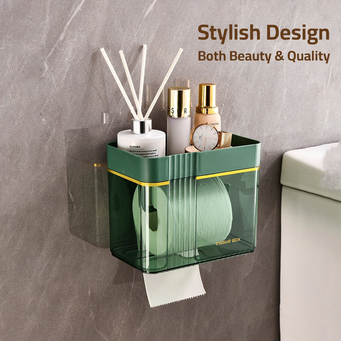 A tissue roll and cosmetic items stored in a Transparent Wall-Mounted Toilet Paper Holder with Storage Shelf