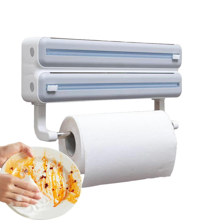 A wall-mounted triple paper dispenser designed for kitchen convenience, featuring separate slots for cling film, aluminum foil, and paper towels. It includes built-in sliding cutters for smooth, precise tearing, while the bottom holder neatly dispenses paper towels—making food prep and cleanup quick and organized.
