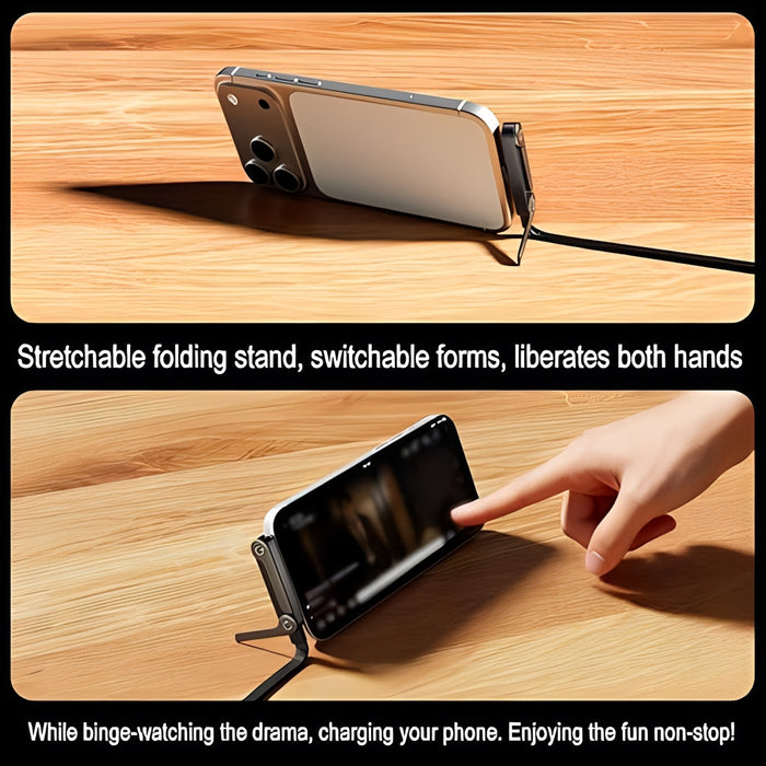 240W Type-C to Type-C fast charging cable with a foldable mobile phone stand and adjustable viewing angles, supporting hands-free video watching and simultaneous charging. Compact and portable design displayed on a wooden tabletop with a smartphone in landscape mode for comfortable binge-watching and entertainment.