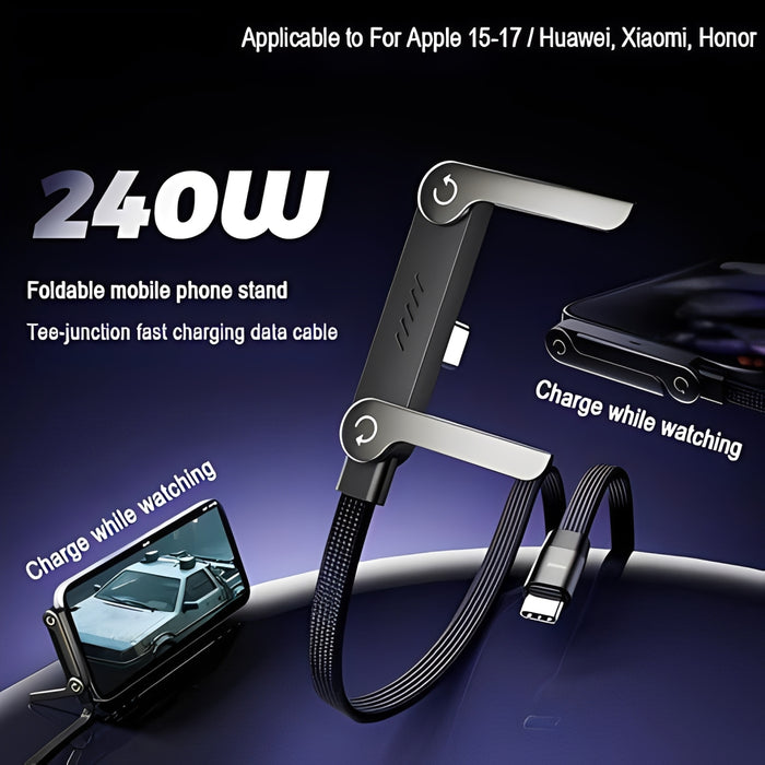 240W Type-C to Type-C fast charging cable with foldable mobile phone stand, supporting ultra-fast charging, stable hands-free viewing, and charge-while-watching convenience, compact 2-in-1 design compatible with smartphones, tablets, and other USB-C devices.