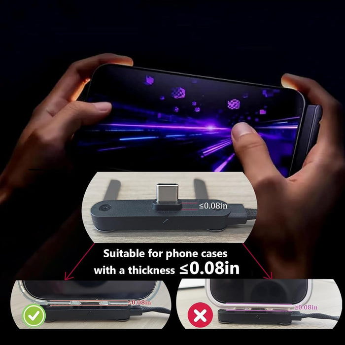 A 240W Type-C to Type-C fast charging cable is shown connected to a smartphone in gaming mode, alongside a phone case thickness measuring tool highlighting precision fit and compatibility.