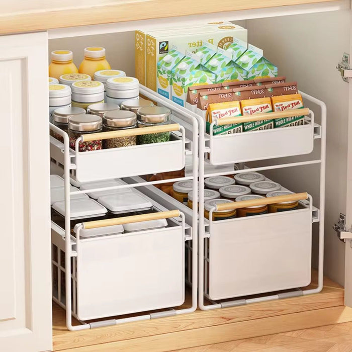 Kitchen Essentials are Organized at Under Sink Storage Rack.