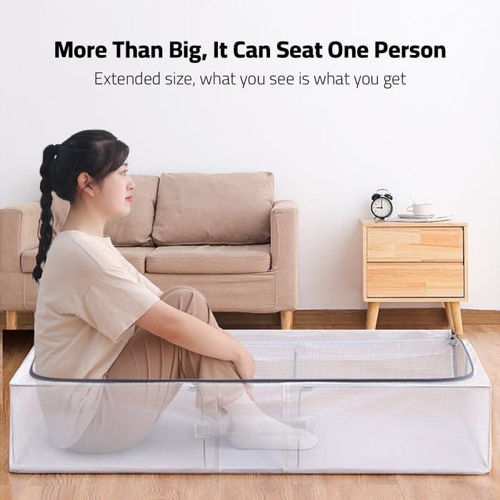 A Women is Sitting in Underbed Storage Box.