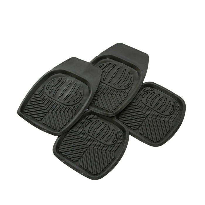 Four black car floor mats with textured design on a white background