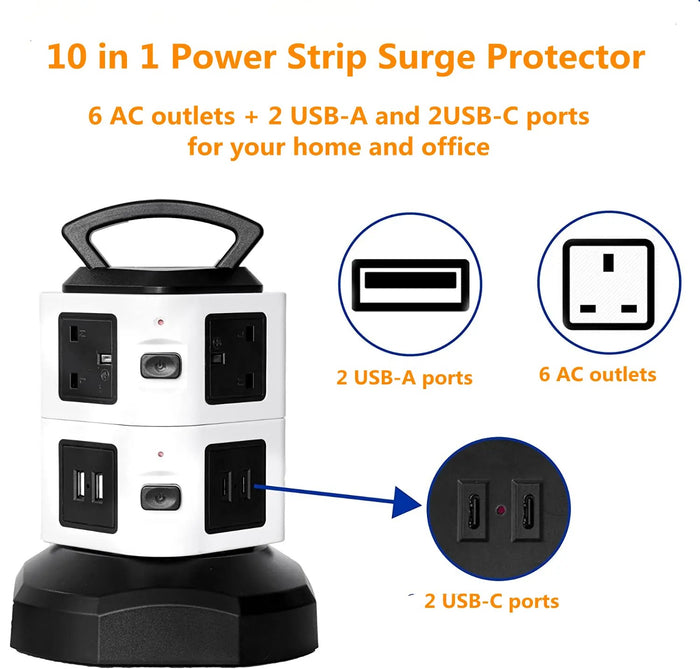 Vertical Socket Power Strip Surge Protector Extension with USB Ports