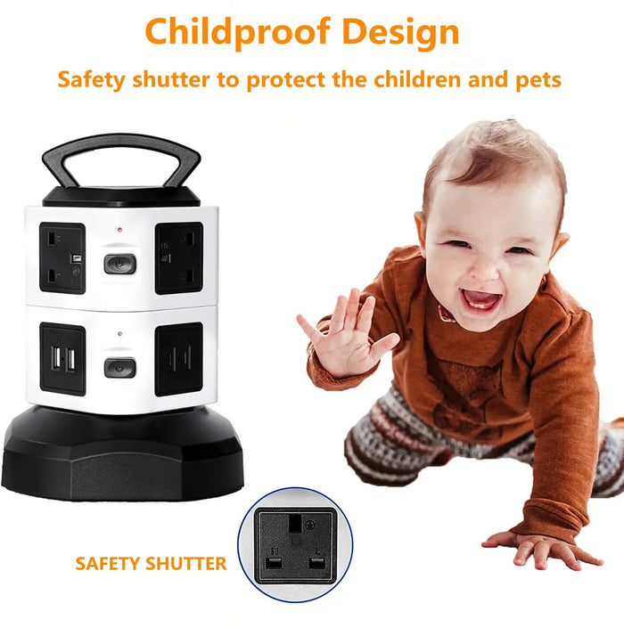 Vertical Socket Power Strip Surge Protector Extension with USB Ports