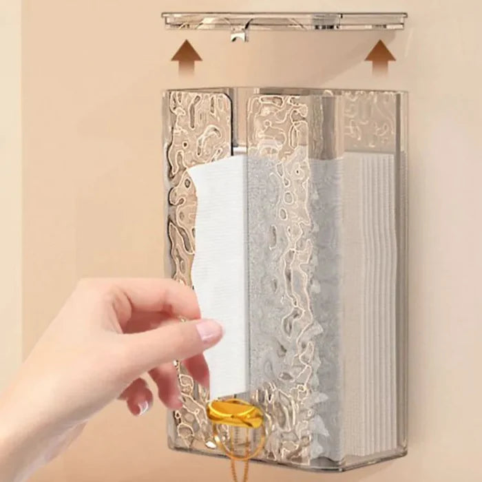 A hand taking a Tissue From Tissue Organizer Box mounted in wall