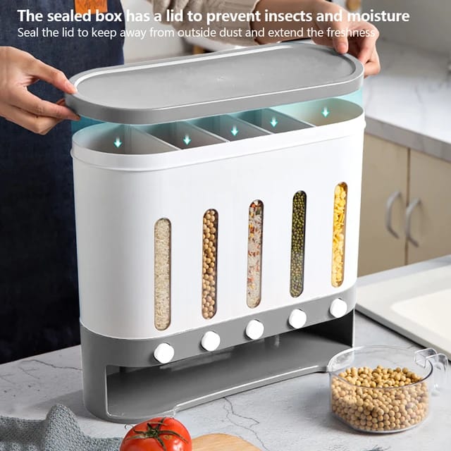 Wall Mounted 5-Grid Dry Food Dispenser with a sealed box and a lid to prevent insects and moisture