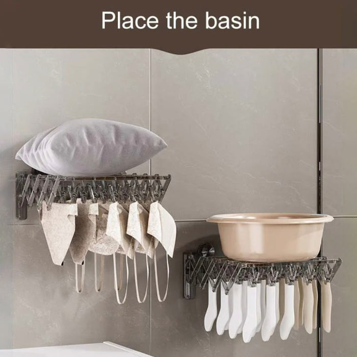 A Pillow and Basin is Placed on Wall Mounted Foldable Suction Cup Sock Cloth Drying Hangers.