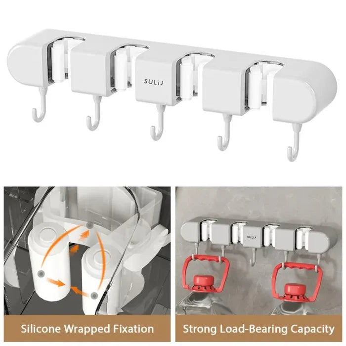 Wall-Mounted Mop Holder & Broom Hanger - with Hooks for Bathroom and Kitchen Organization