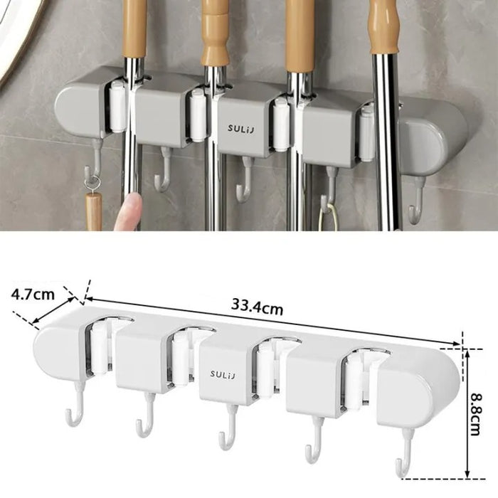 Wall-Mounted Mop Holder & Broom Hanger - with Hooks for Bathroom and Kitchen Organization