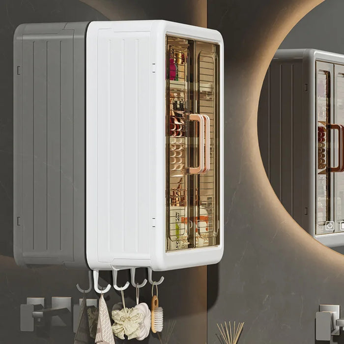 Wall Mounted Storage Cabinet Organized with Shower Items.