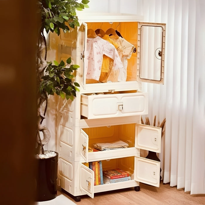 Baby dresses are arranged in a Wardrobe Cabinet placed at a cozy setup.