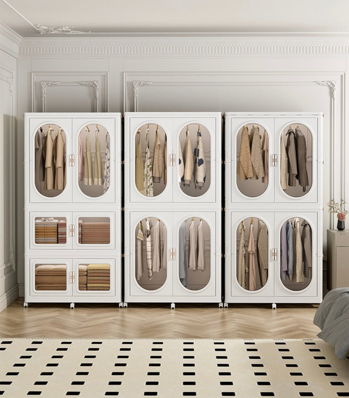 Wardrobe Storage Cabinet Shelf Bins Organized with Clothes.