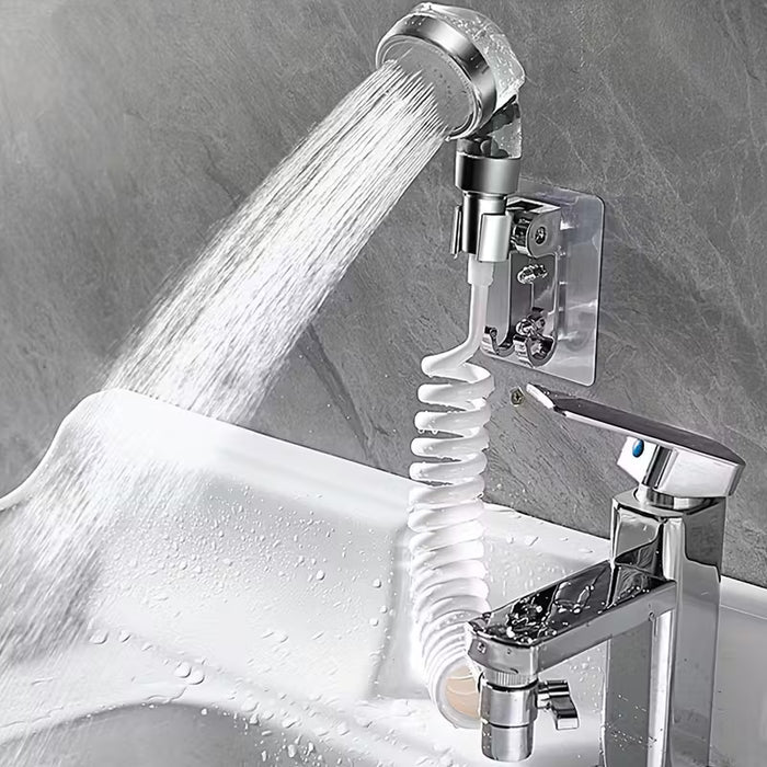Wash Basin Handheld Shower with water flowing into a bathtub