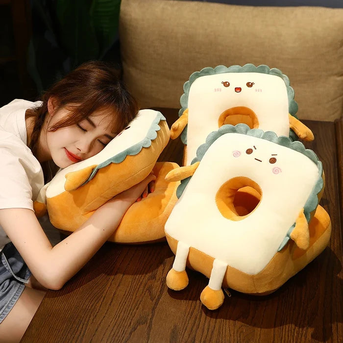 A girl is sleeping while sitting, supported by a washable comfortable cute neck pillow next to a skin friendly pillow