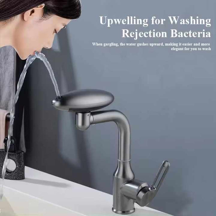 A Women is Rinsing Her Mouth From 360° Rotating Faucet.