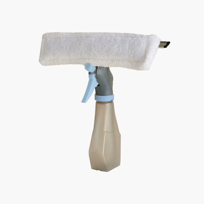 A spray bottle window squeegee with a beige plastic bottle, a light blue trigger sprayer, a gray collar, and a white microfiber squeegee head with a metal edge.