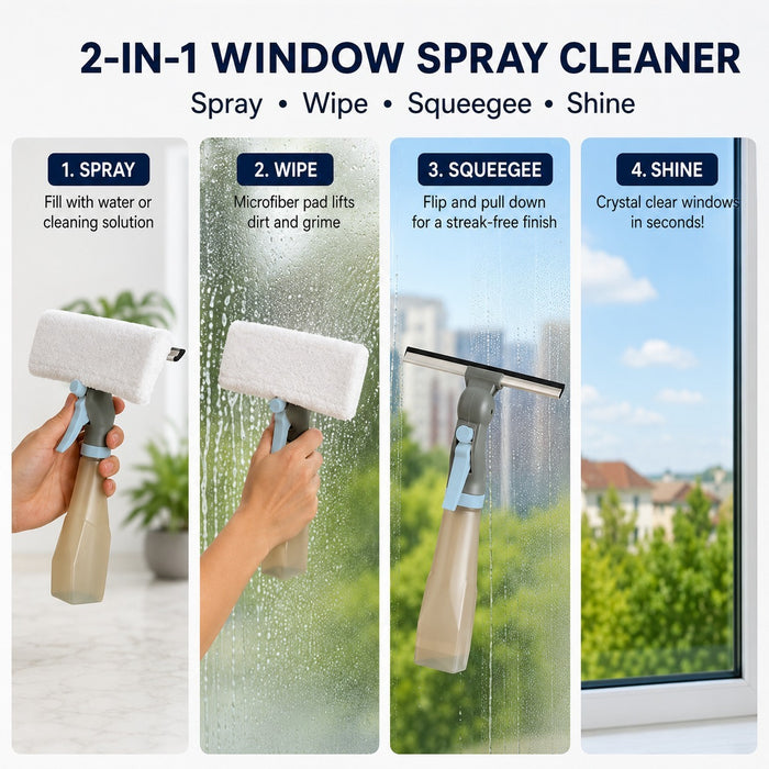 A 4-panel infographic demonstrating a 2-in-1 window spray cleaner in use. The panels show a hand holding the spray bottle and sponge applicator, spraying water on a window, wiping grime with a microfiber pad, and finally squeegeeing the window to achieve a streak-free finish.
