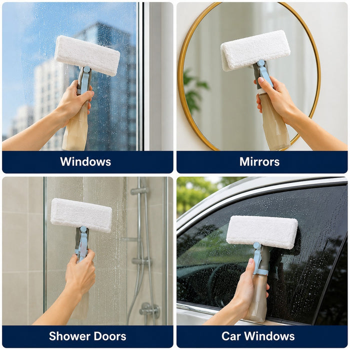 Four-panel collage showing a handheld window-cleaning sponge brush being used on windows, mirrors, shower doors, and car windows. A human hand is visible in each panel, and the panels are labeled 'Windows,' 'Mirrors,' 'Shower Doors,' and 'Car Windows.