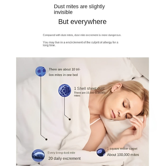 A Woman is Sleeping in a Bed Containing Dust Mites that Can be Cleaned Using Wireless Dust Mite Removal Vacuum Cleaner.