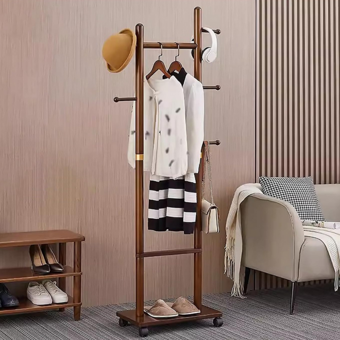Wooden Coat Rack Hanger Organized with Clothes, Hat and Slippers.