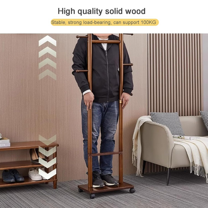 A Person is Standing On the Wooden Coat Rack Hanger.